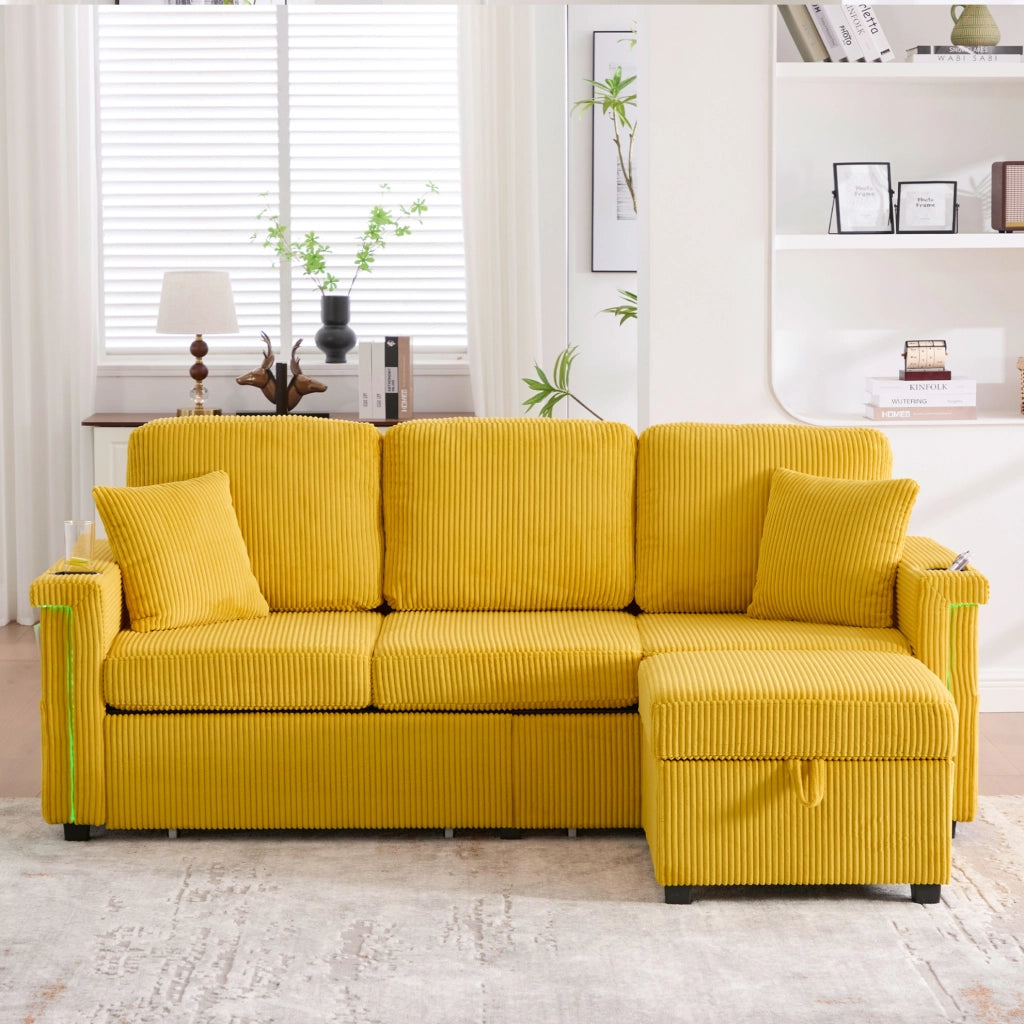 Divano in velluto a coste giallo senape con LED; USB/Type-C; portabevande e vano contenitore