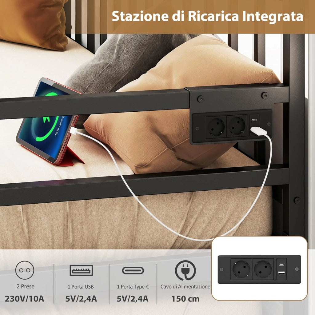 Letto Estraibile, Divano Letto Singolo con Luci LED e Stazione di Ricarica, Lettino Matrimoniale con Struttura in Metallo, 2 Pz 90x200 cm, per Soggiorno e Camera da Letto (Nero)