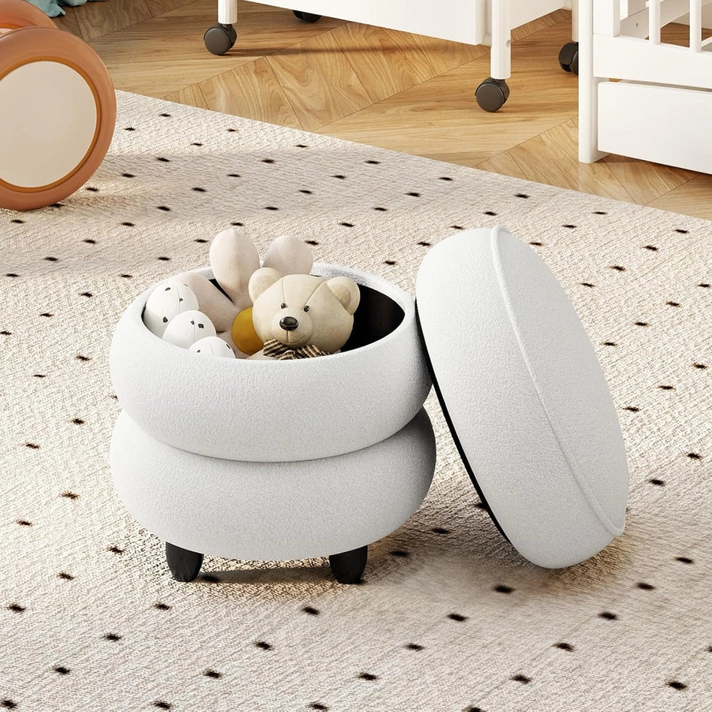 Pouf Contenitore con Coperchio Rimovibile, Pouf Rotondo in Ciniglia con Piedi in Legno di Gomma, Portata 150 Kg, Sgabello Contenitore Moderno per Soggiorno e Camera da Letto, 40,5 x 44,5 cm