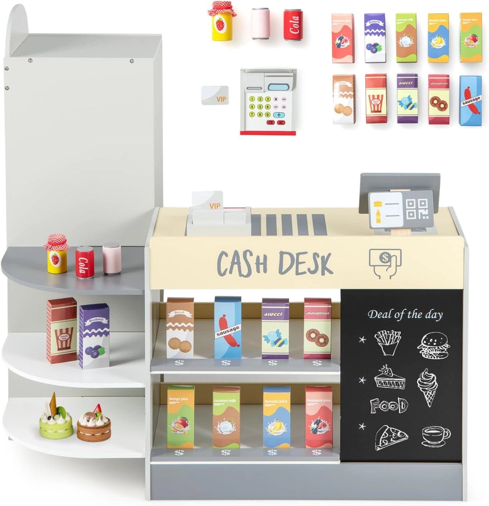 Negozio Alimentare per Bambini, Set di Giocattoli Supermercato in Legno con Cassa, Macchina POS, Distributore Automatico, Lavagna Scrivibile, per Bambini 3-8 Anni (Grigio)