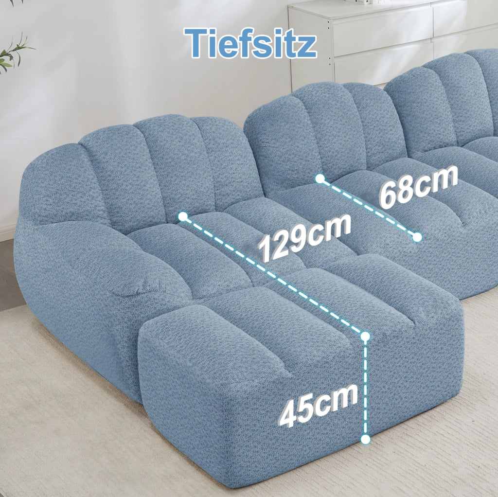 Divano modulare frameless in fleece granulato blu; configurazione U/L/4 posti con schiuma 32D