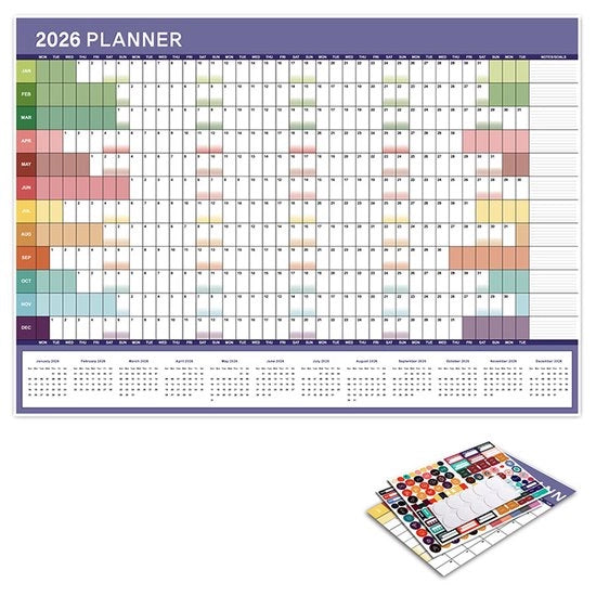Calendario da parete 2026, calendario 2026, calendario da parete in inglese, progettato pieghevole, con adesivi per la pianificazione, colore blu scuro.
