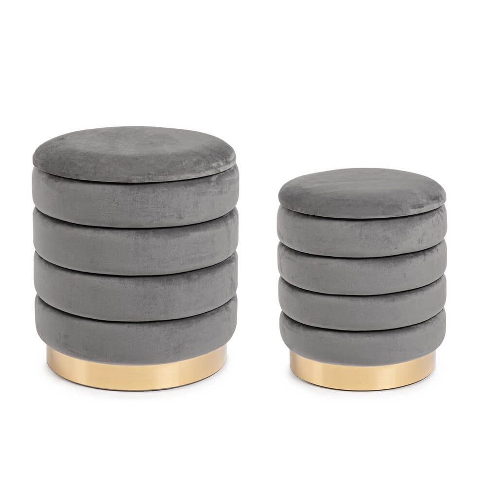 Set di 2 Pouf Contenitore Rotondi in Velluto con Base Dorata - TINI