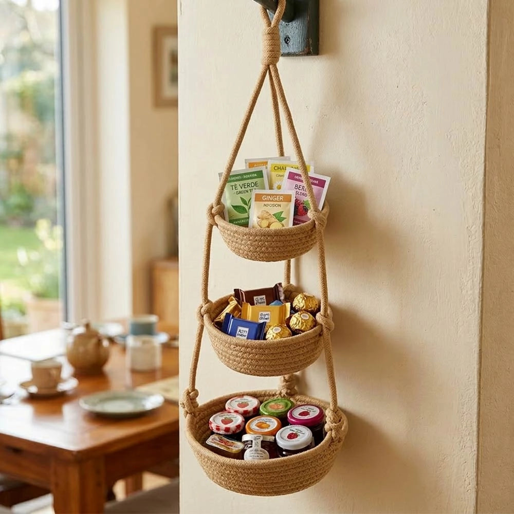 Vaso Pensile Triplo in Corda Beige Porta Piante Sospeso h70 cm