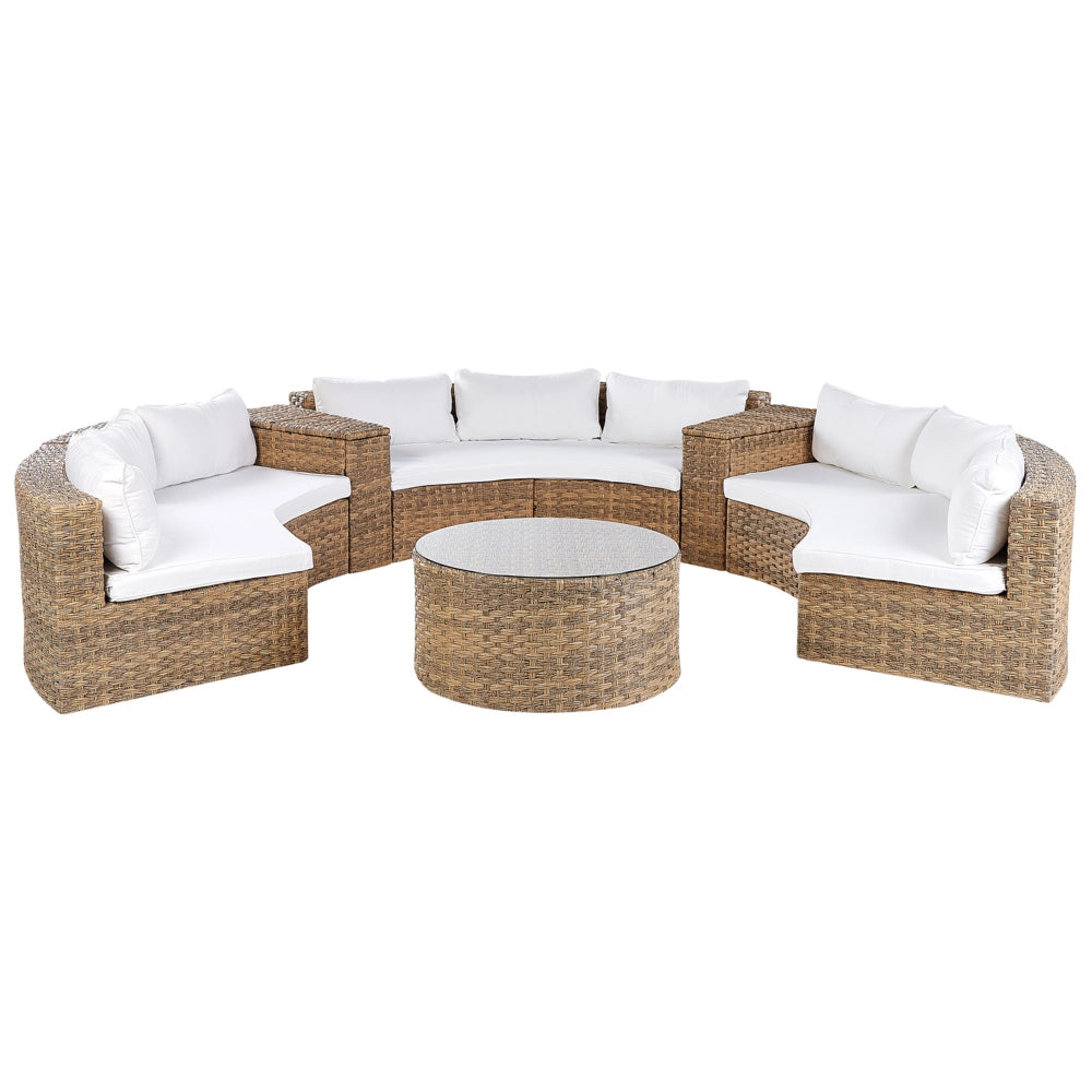 Set divano ad angolo da giardino marrone dorato finto rattan a forma di U 9 posti cuscini bianchi curvi con tavolo set di conversazione