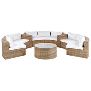 Set divano ad angolo da giardino marrone dorato finto rattan a forma di U 9 posti cuscini bianchi curvi con tavolo set di conversazione