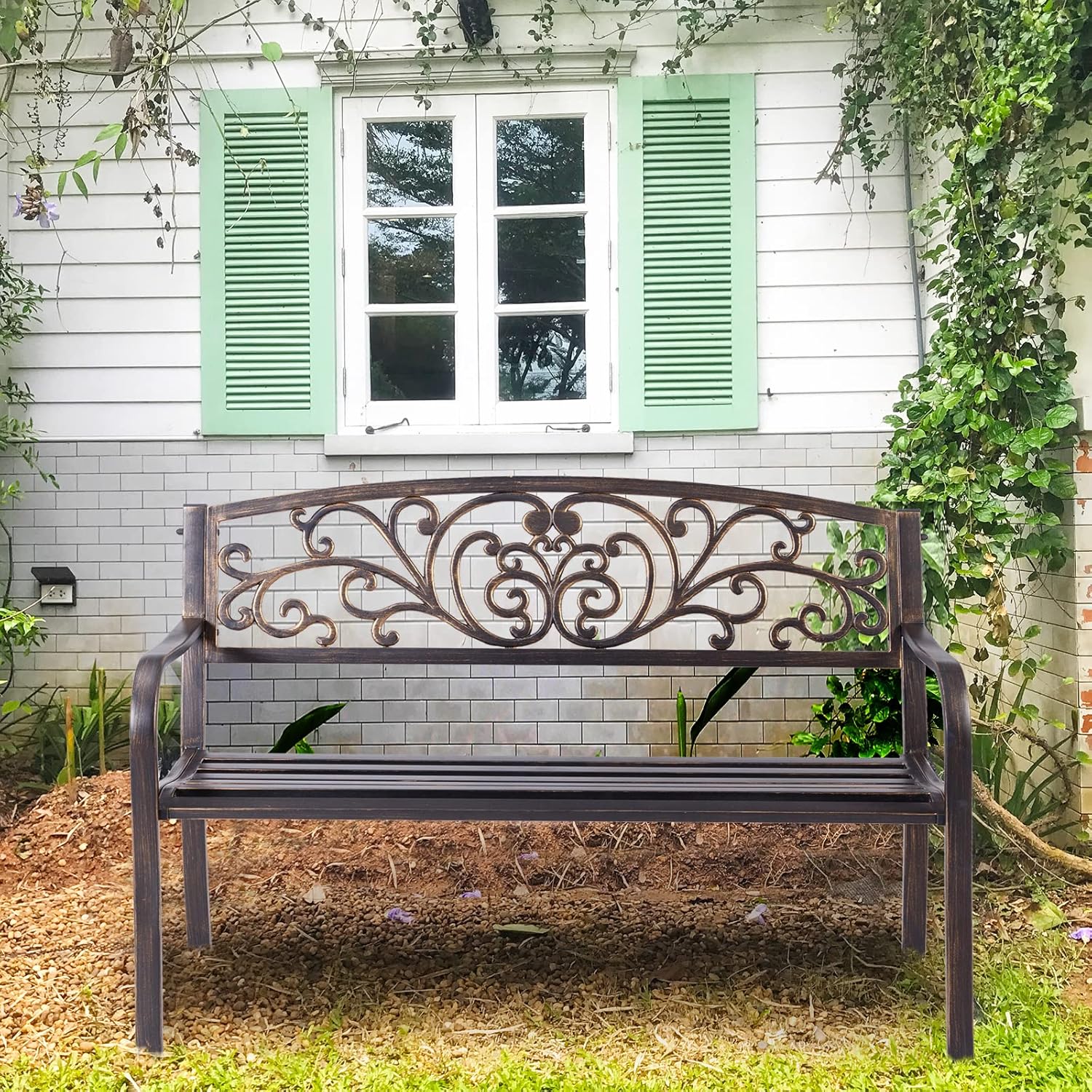 Panchina da Esterno, Panchina in Metallo Verniciato con Schienale Bello, Sedile Ampio e Braccioli Ergonomici, Panca da Giardino, Balcone e Cortile, 126 x 60 x 85 cm (Bronzo)