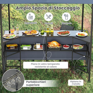 Gazebo da Esterno 245 x 245 x 243 cm, Set da Bar 3 Pezzi con Doppio Piano con 2 Sgabelli, Tavolo in Vetro Temperato e 2 Sedie, Tenda Impermeabile per Feste, BBQ in Giardino e Cortile