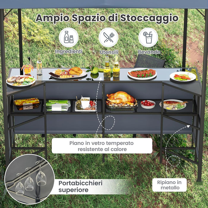 Gazebo da Esterno 245 x 245 x 243 cm, Set da Bar 3 Pezzi con Doppio Piano con 2 Sgabelli, Tavolo in Vetro Temperato e 2 Sedie, Tenda Impermeabile per Feste, BBQ in Giardino e Cortile