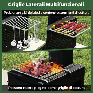 Barbecue a Carbonella, Stufa a Legna Portatile con Porta Pentole, Teglia da Forno e 2 Griglie, Grill da Esterno per Campeggio e Viaggio in Camper, Escursioni, 54 x 36 x 44 cm
