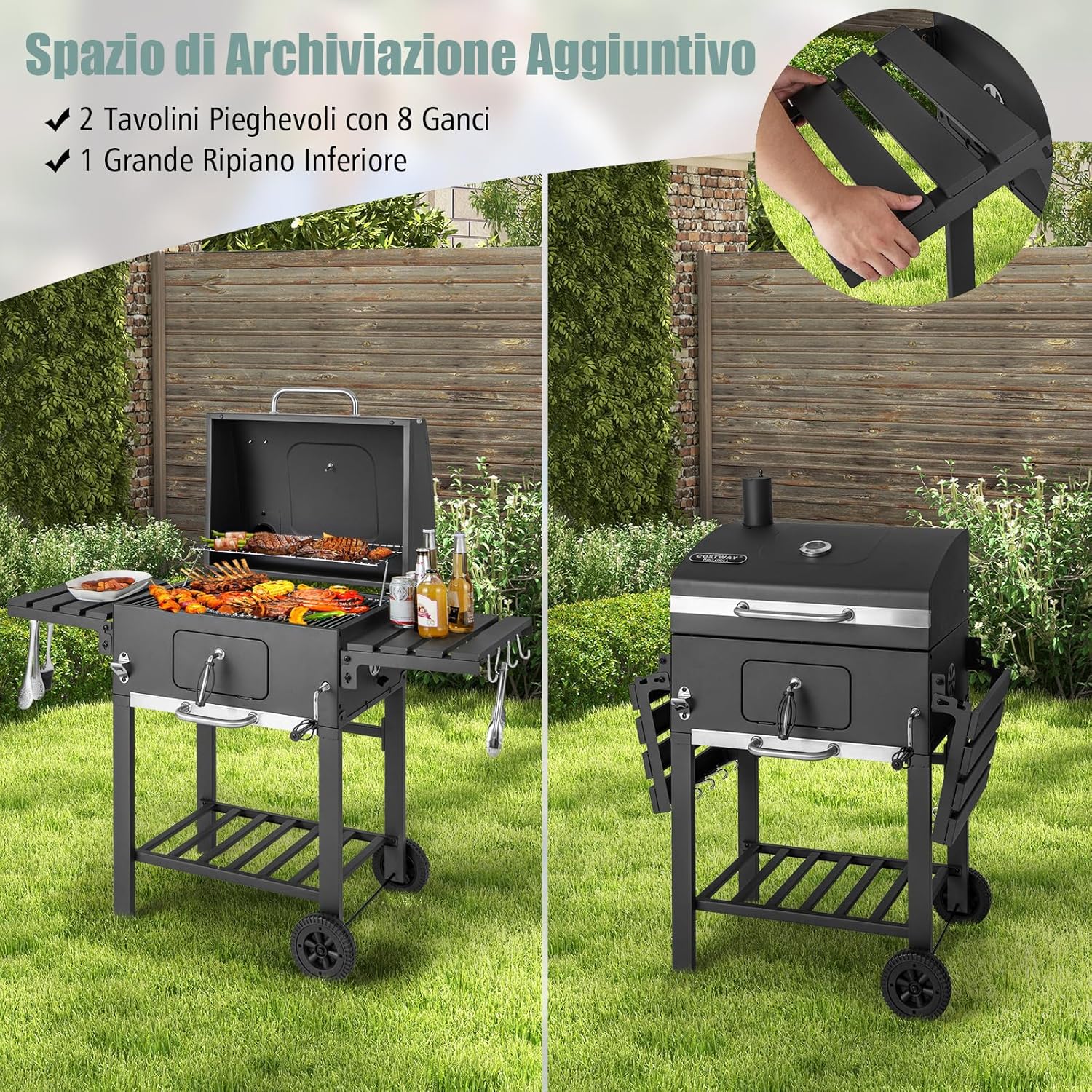 Barbecue a Carbone da Esterno a 2 Livelli, Barbecue all'Aperto in Metallo con 2 Ruote, 2 Tavolini Laterali a Ribalta, 8 Ganci, Ideale per Picnic, Campeggio, 128 x 54 x 117 cm