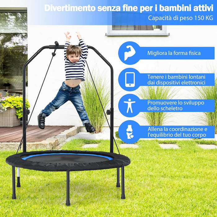 Mini Trampolino Pieghevole 101cm, Trampolino Fitness per Adulti e Bambini,con Maniglia Altezza Regolabile, Capacità di Carico 150 kg