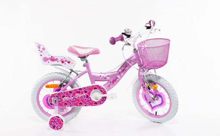 SCH PINK LOVE 14", bicicletta per bambini, adatta ad eta'  tra i 4 e i 6 anni, per altezza tra 100 e 120 cm, con cestin