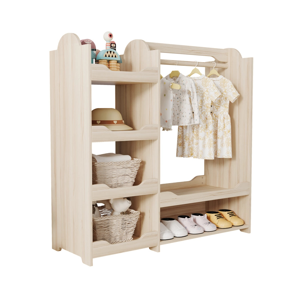 Armadio modulare aperto per bambini con asta appendiabiti e 4 ripiani, in MDF, naturale, 110 × 39 × 110 cm