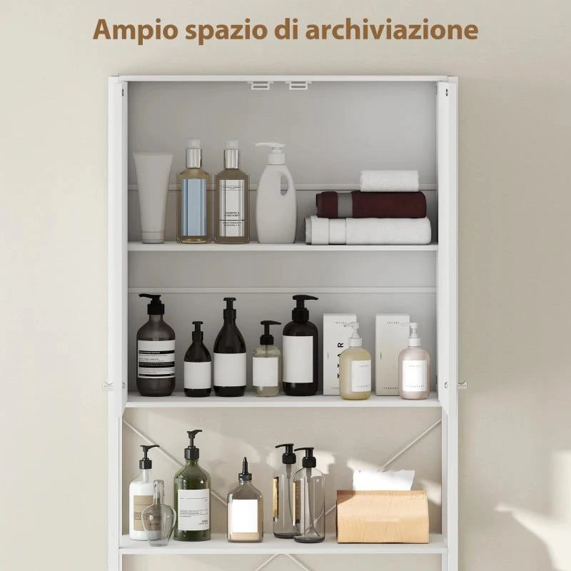 MOBILE BAGNO SOPRA WC E LAVATRICE CON ARMADIETTO E RIPIANO APERTO, 64X20X180 CM, BIANCO