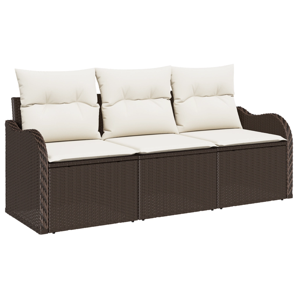 Set Divano da Giardino a 3 Pezzi con Cuscini Marrone in Polyrattan