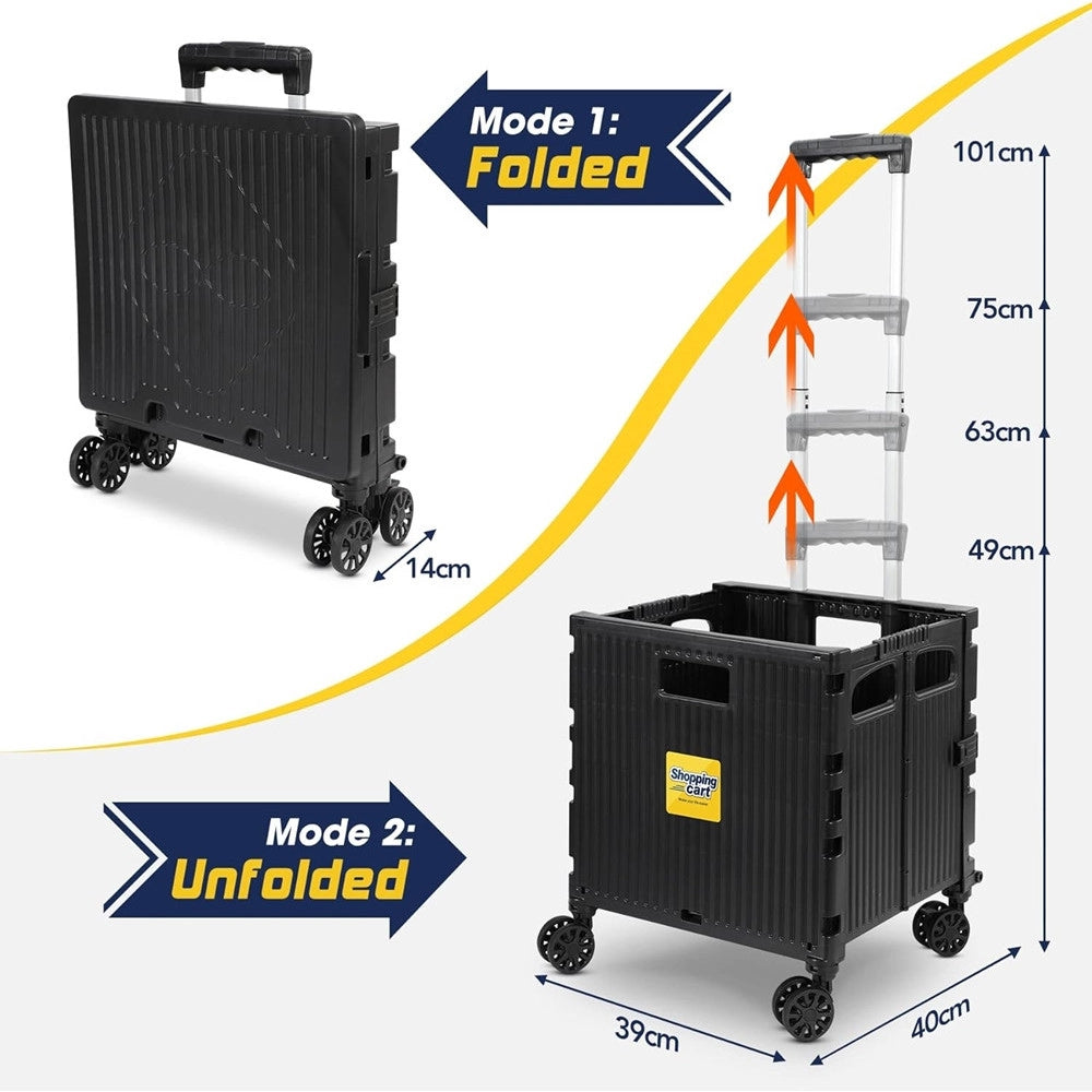 Trade Shop - Carrello Per La Spesa Multiuso Nero Pieghevole ‎grande Capacità Ruote Girevoli Con Freno -