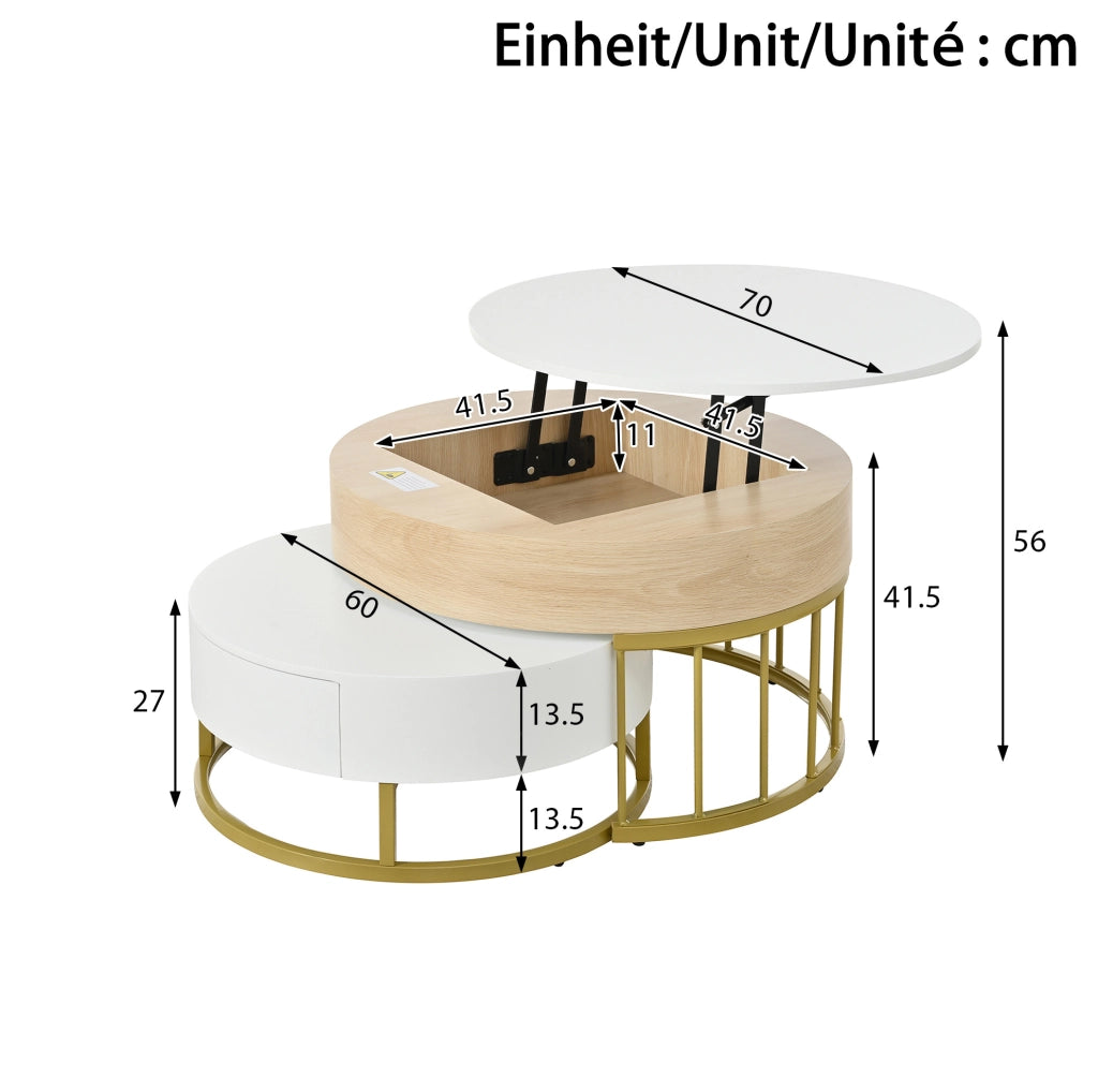 Tavolino da salotto rotondo con piano sollevabile e cassetto; 70/60 cm; bianco e oro