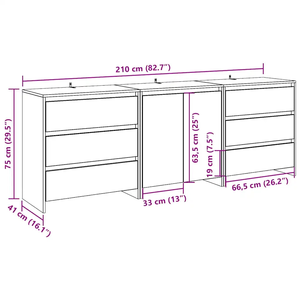Credenza 3 pz Legno Antico in Legno Multistrato