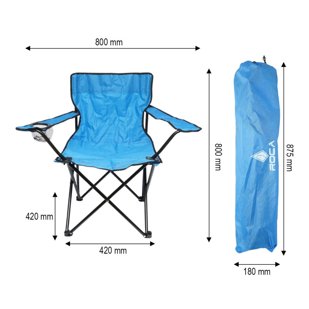 Sedia da campeggio pieghevole blu con portabicchiere, custodia per il trasporto, struttura metallica 50x80x80 cm.