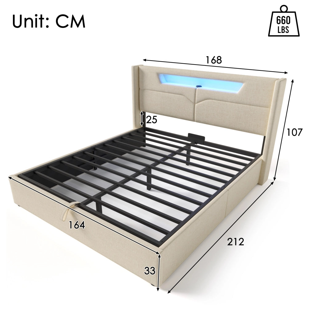 OKWISH Letto Contenitore Letto Matrimoniale, USB, Tipo C e LED, 160 x 200 cm, con Materasso, Lino, Beige