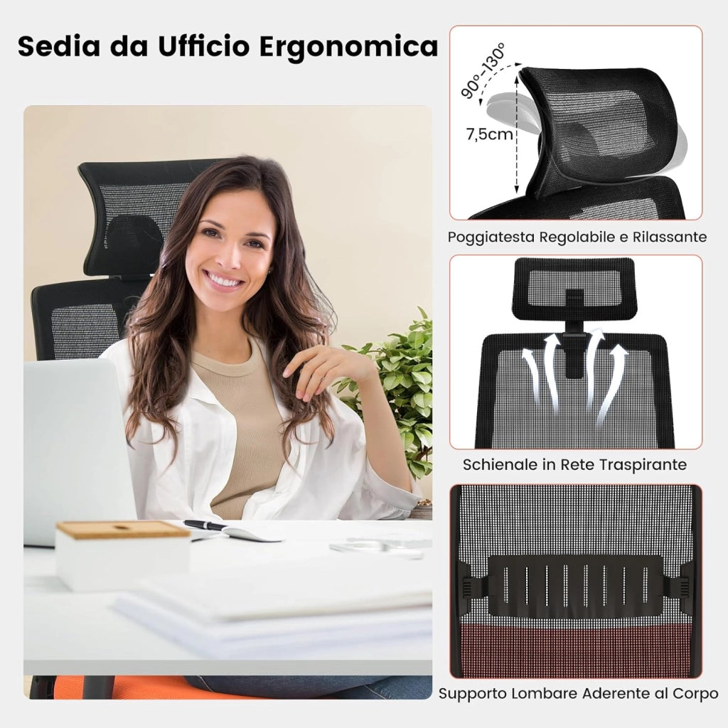 Sedia da Ufficio Regolabile in Altezza, Sedia da Scrivania Ergonomica con Schienale Traspirante, Supporto Lombare, Ruote, per Ufficio e Studio, Fino a 180 kg