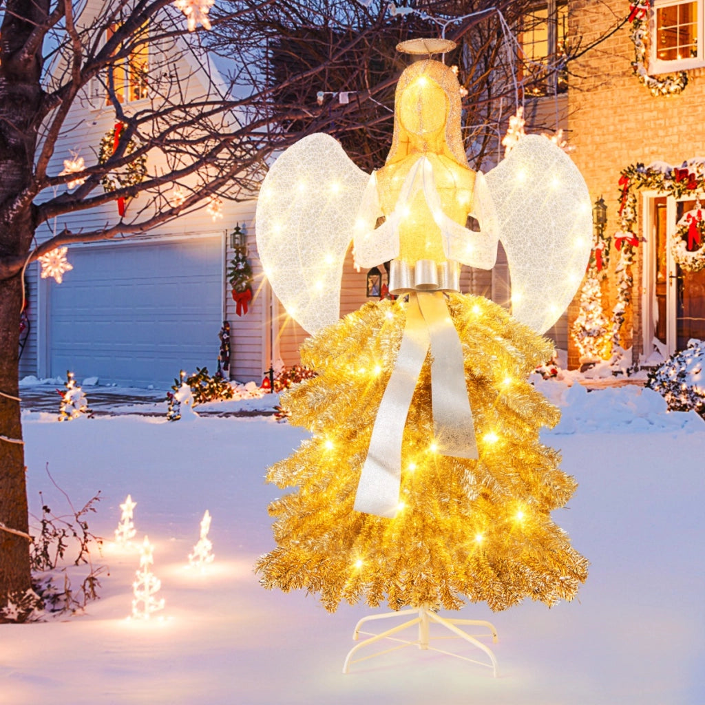Albero di Natale artificiale luminoso con angelo da 157cm, Decorazione natalizia con luci led base in metallo