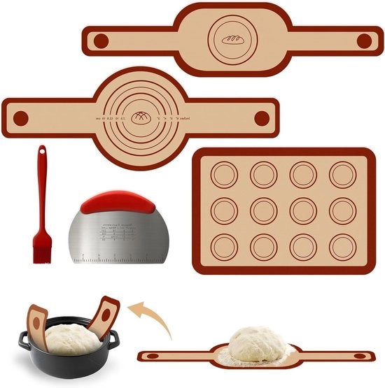 Set di 5 mattonelle di silicone riciclabili per Dutch Oven - Rosso - Inclusa mattonella per macarons e strumento per tagliare la pasta/penne per olio - 30 x 21 cm
