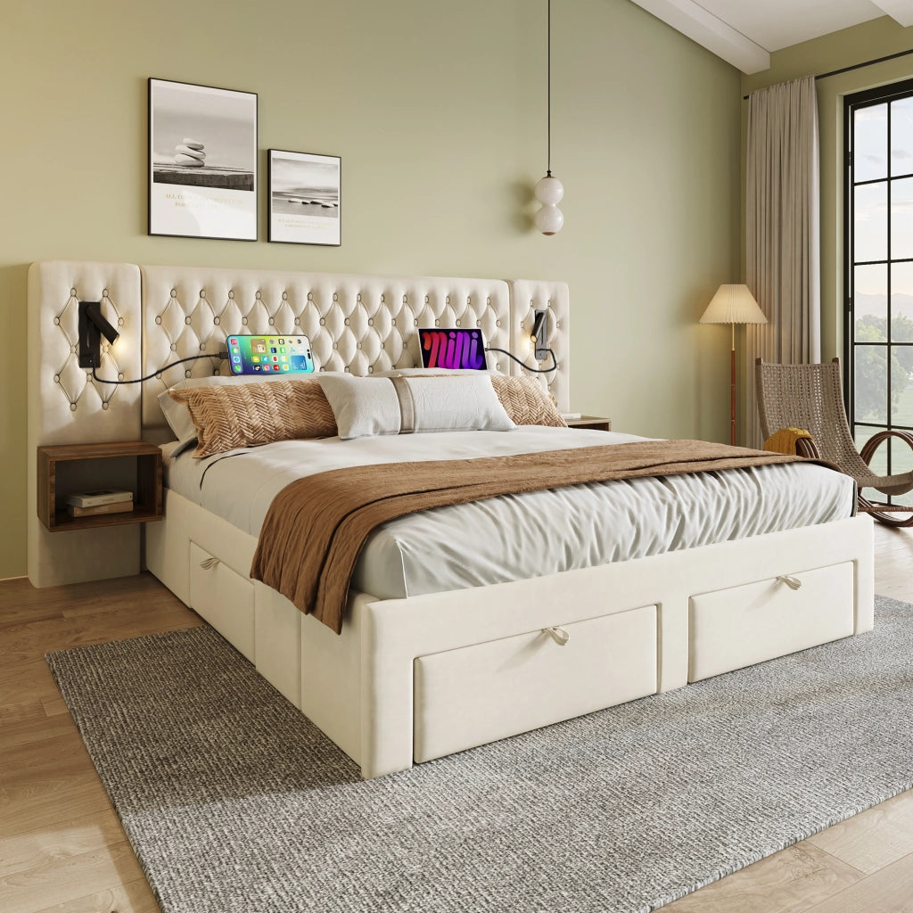 LETTO Matrimoniale 180x200 cm in velluto beige con 2 comodini, 4 cassetti e lampade da lettura