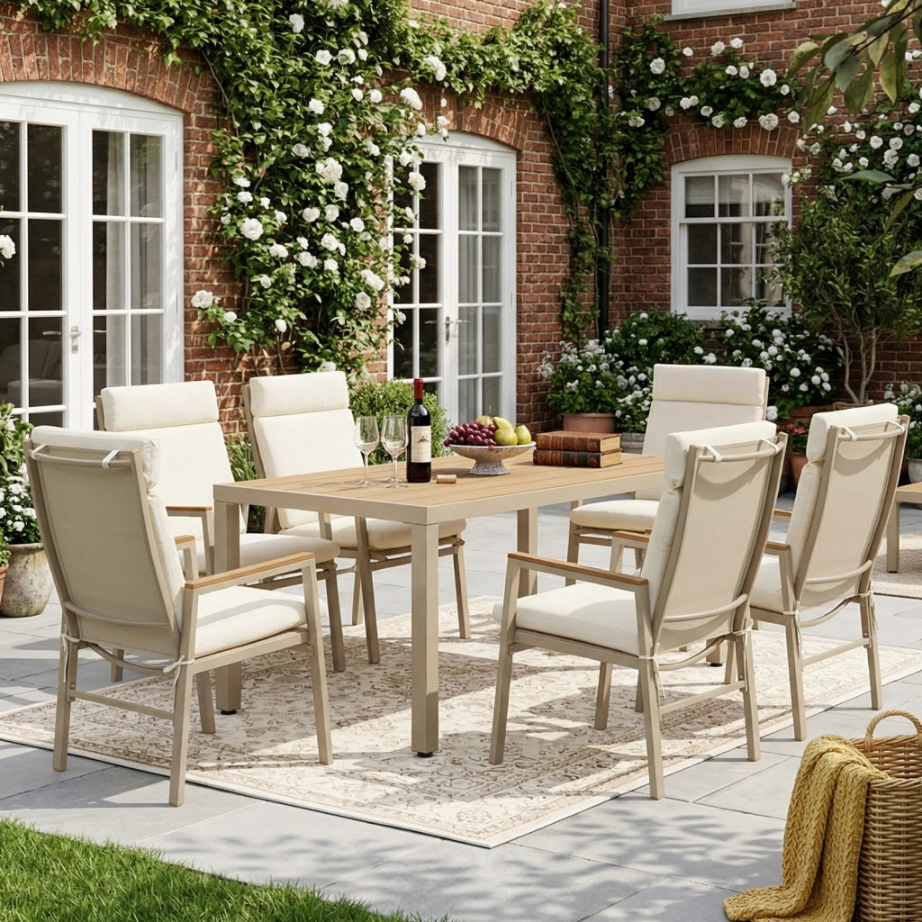 Set da pranzo da giardino set di mobili da giardino adatto a 6 persone composto da 1 tavolo e 6 sedie ferro zincato piano in legno in plastica kaki + beige