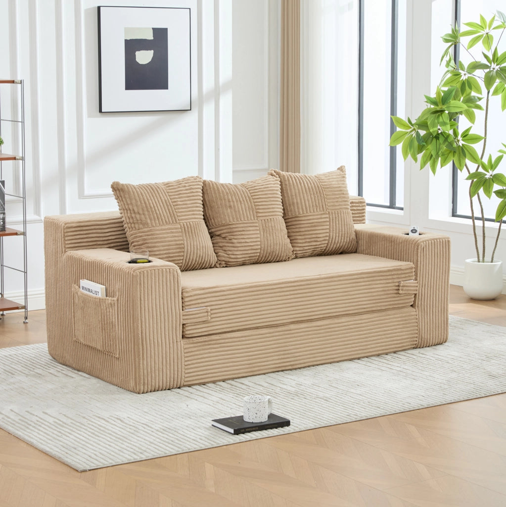 Sofa modulare da pavimento 2 posti 172x87x64 cm in velluto a coste khaki