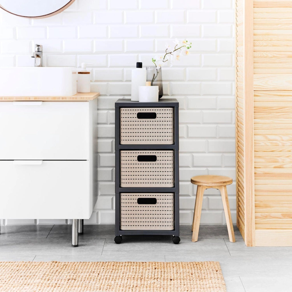 Rotho Country Contenitore Arrotolabile con 3 Cassetti in Rattan, Plastica (PP) senza BPA, colore Cappuccino, 3 x A4/18 L, 37.5 x 32.5 x 71.2 cm