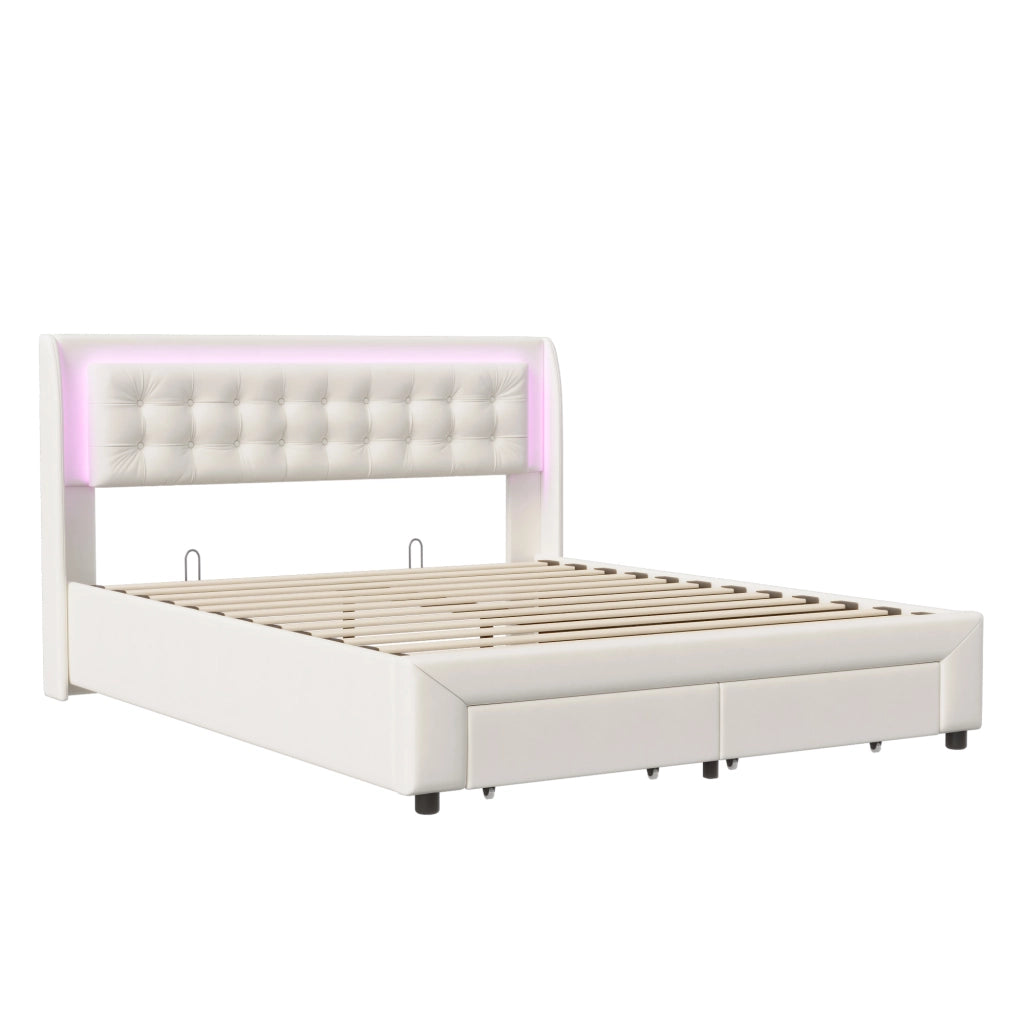 Letto imbottito con cassetto e LED in tessuto beige