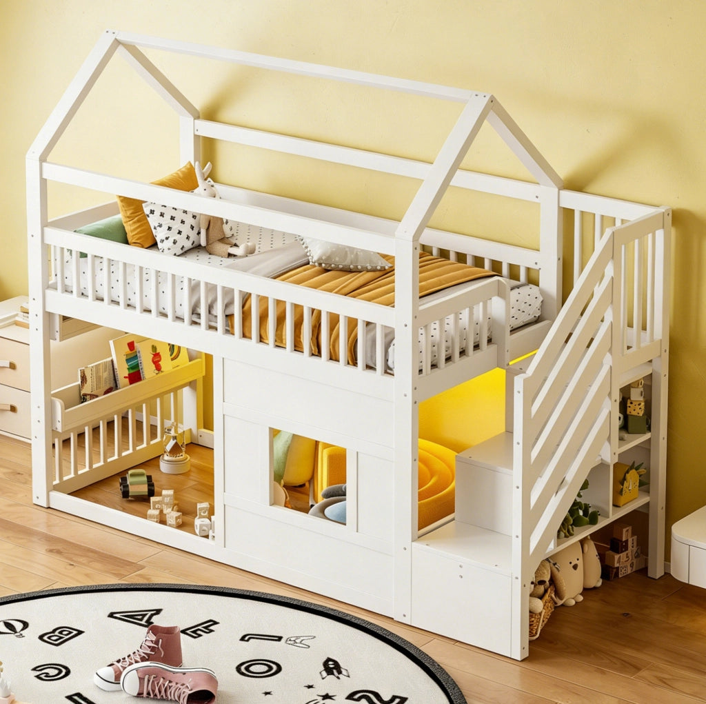 Letto a soppalco 90x200 cm con scala; vani portaoggetti e LED in MDF; legno e compensato bianco