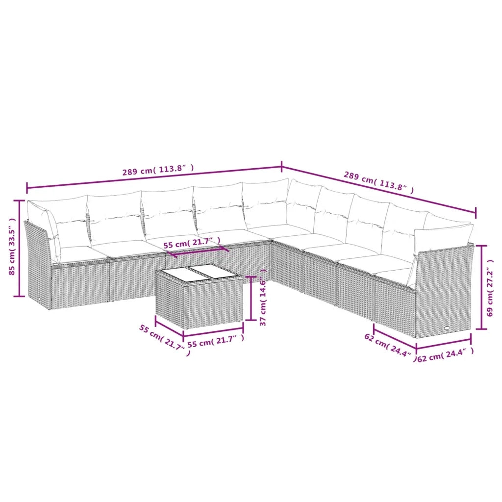 Set Divani da Giardino 10pz con Cuscini in Polyrattan Nero 3217786