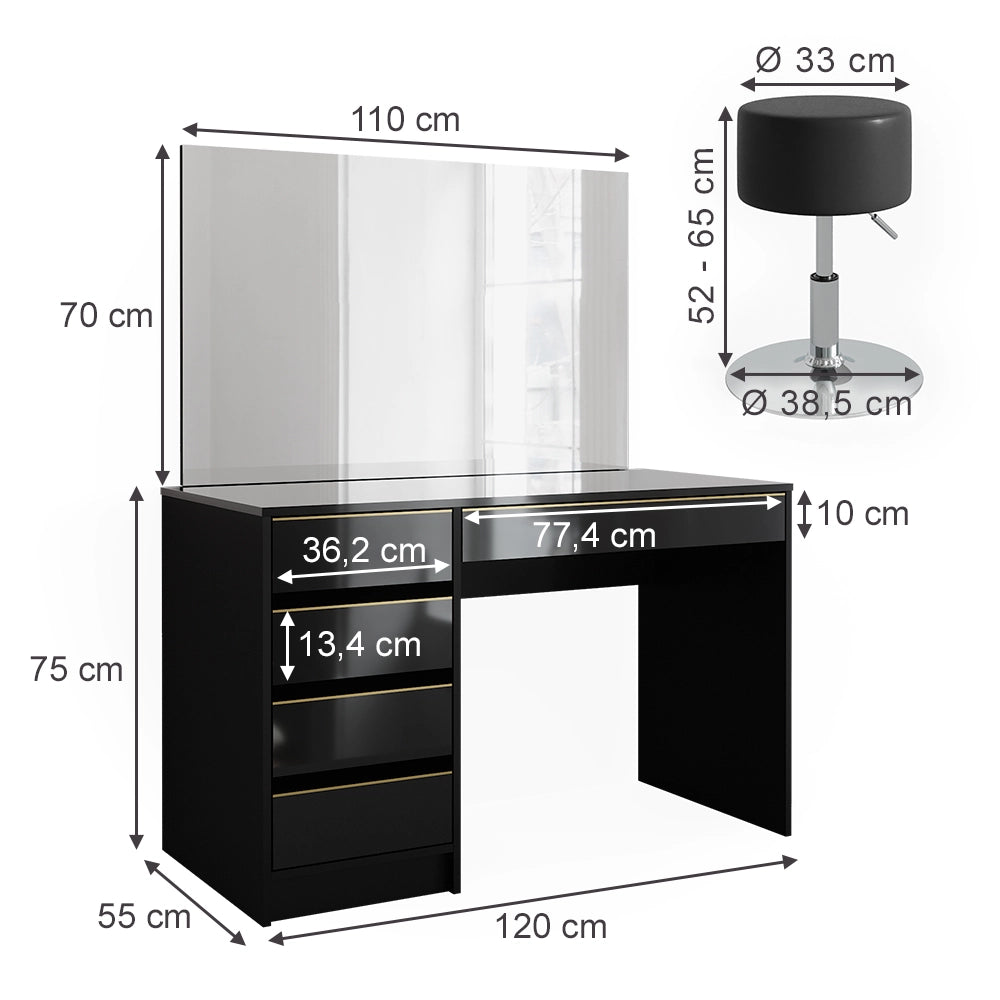 Vicco Tavolino da toilette Nero/oro 120 cm con specchio LED e sgabello