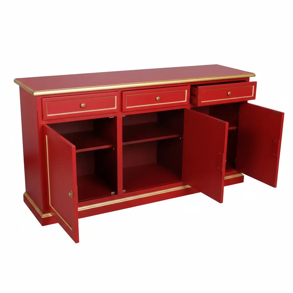 Madia credenza 3 ante legno shabby rosso decorata filo oro 156x42x86 - Mobili 2G