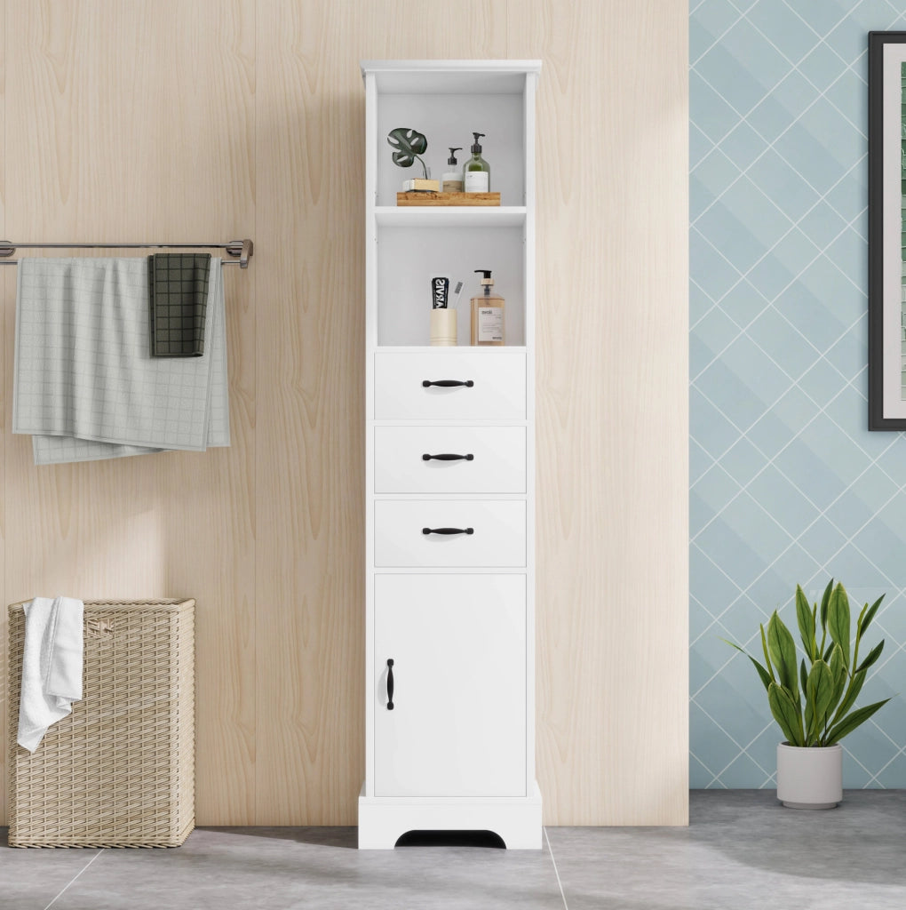 Mobile bagno 38x26x172.5 cm con ripiani regolabili; resistente all'acqua e all'umidità in MDF bianco