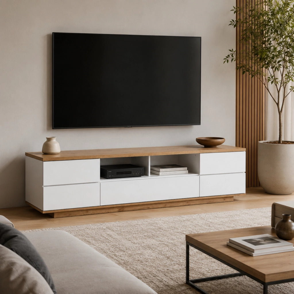 Mobile Tv Moderno Con 4 Ante 1 Anta A Ribalta 2 Vani A Giorno Con Passacavi Per Soggiorno Zona Living Salotto In MDF Resistente 180 x 38 x 46 Cm Bianco E Rovere