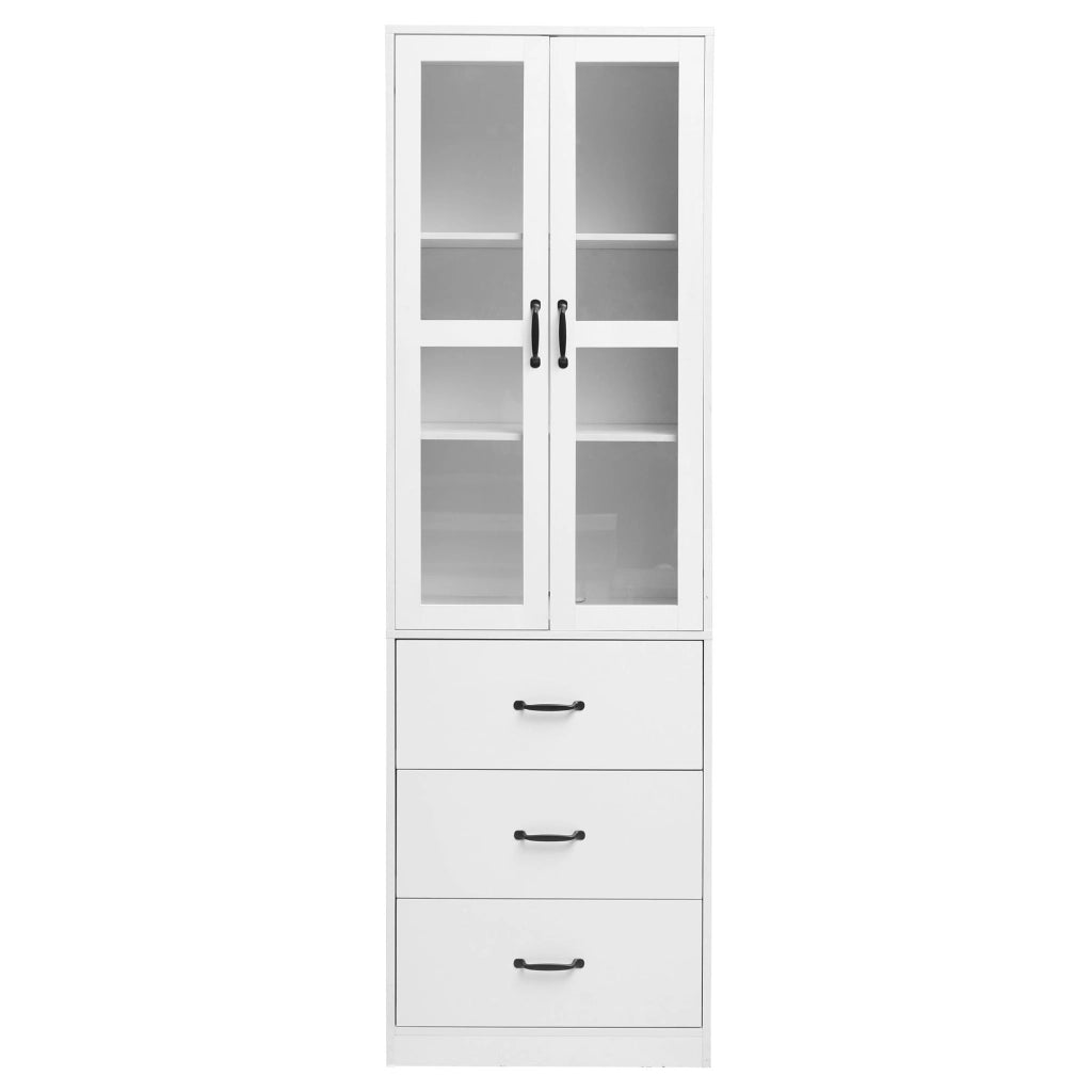 Vetrina bianca alta 200 cm con 2 ante, 3 cassetti e illuminazione LED USB