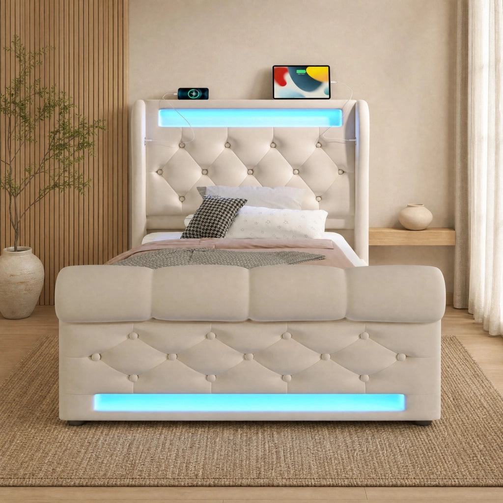 Letto imbottito con LED, ricarica USB-C e contenitore idraulico 90x200 cm