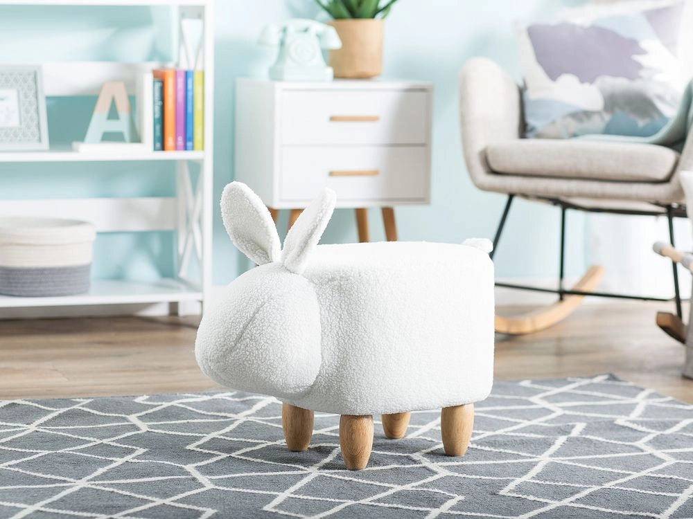Sgabello per bambini con coniglietto di animali Poggiapiedi per cameretta con gambe in legno imbottite in tessuto di poliestere bianco sporco