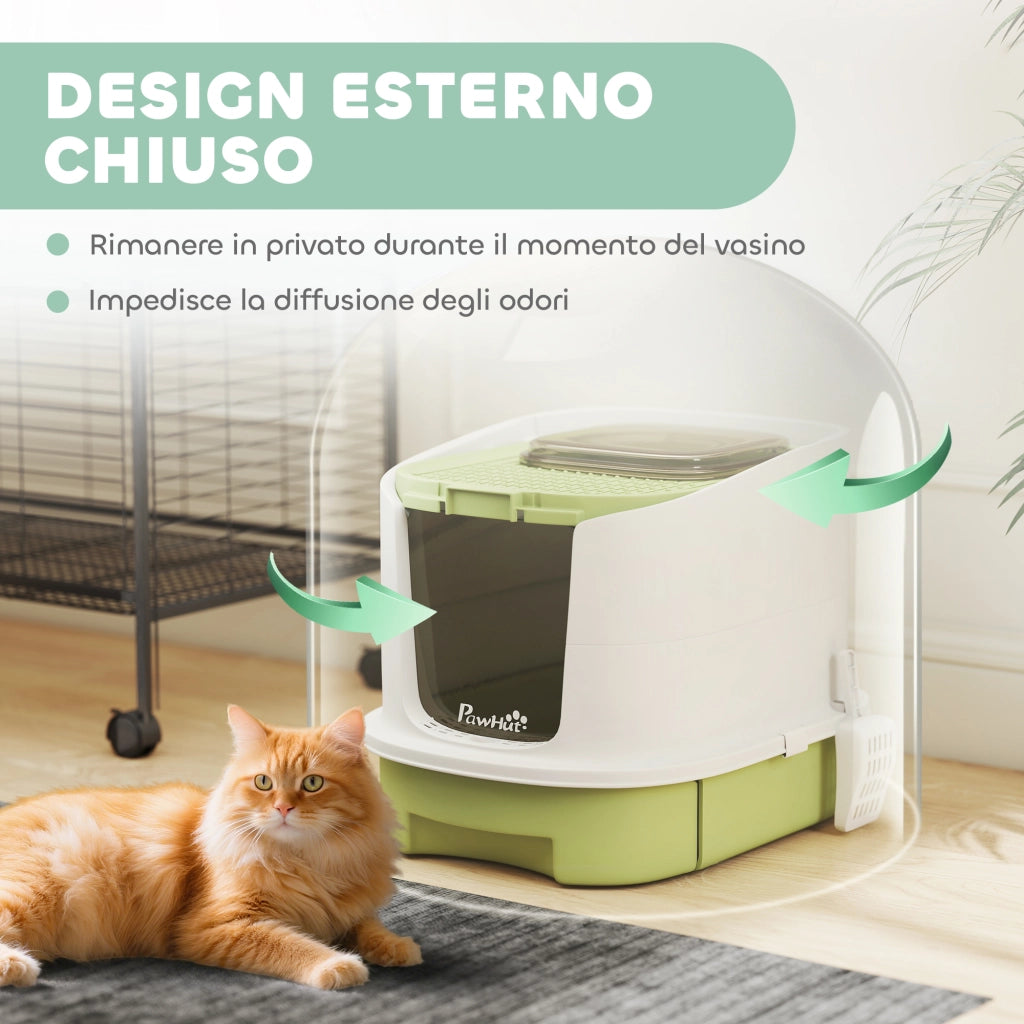 Lettiera Chiusa per Gatti a 2 Porte 40,5x52,5x42,5 cm con Vassoio Estraibile Paletta e Filtri Verde e Bianco