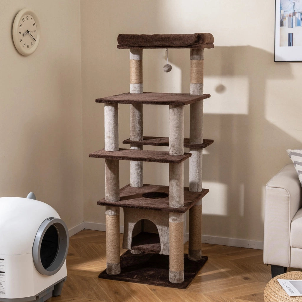 Albero per gatti 148 cm torre per gatti alta con condo aereo oscillante, Albero per gatti tiragraffi foro pompon e piattaforme -Alberi Tiragraffi