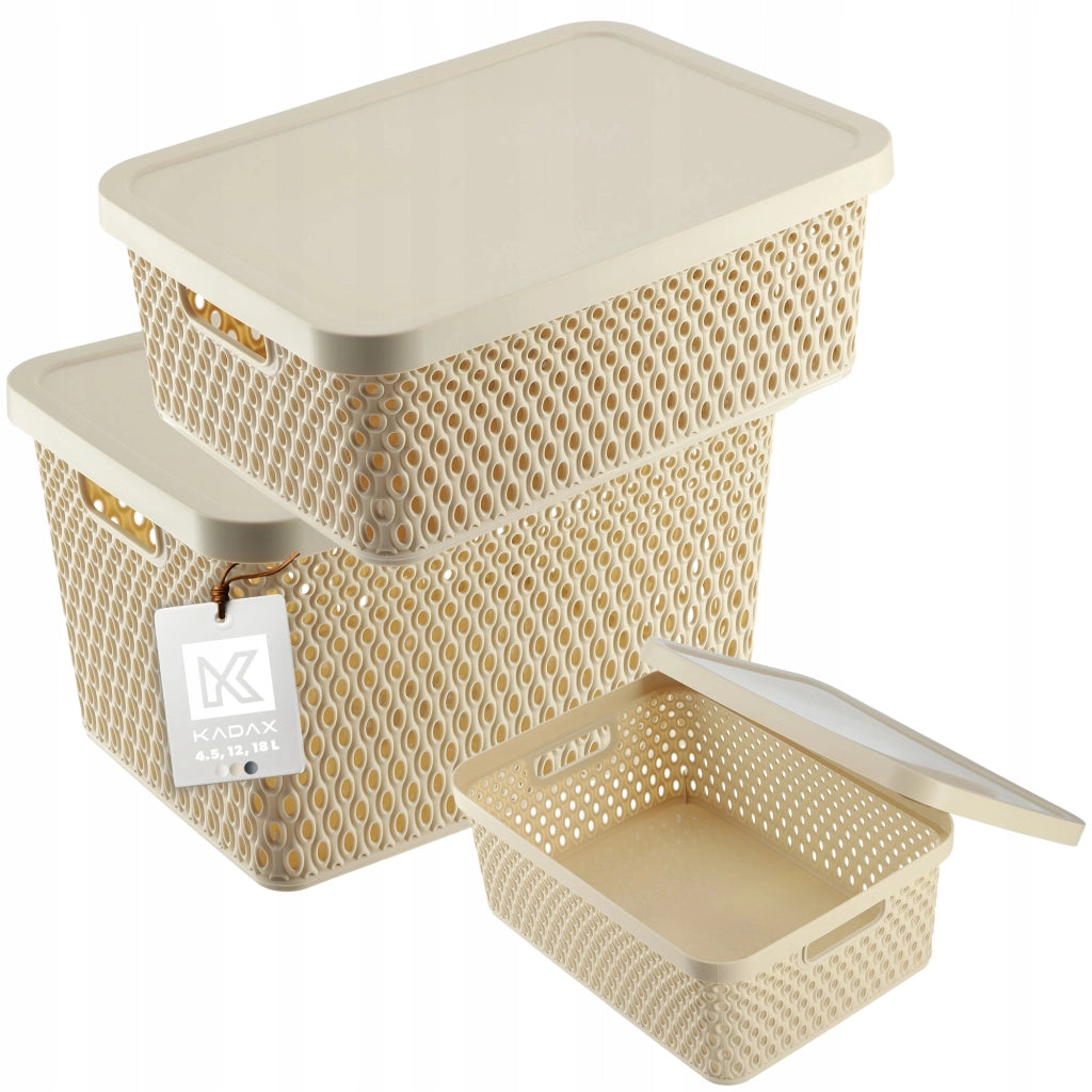 Set di 3 cestini in plastica beige KADAX con coperchio.