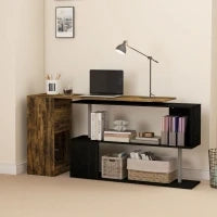 Scrivania Angolare Salvaspazio con Ripiano a S, in Legno, 140x120x78 cm, color Marrone e Nero