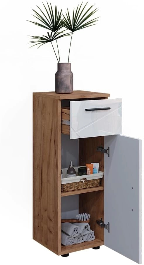 Mobiletto bagno Irma, Bianco lucido/oro power oak, 30 x 81 cm, per la conservazione in bagno, abbinabile alla serie Irma