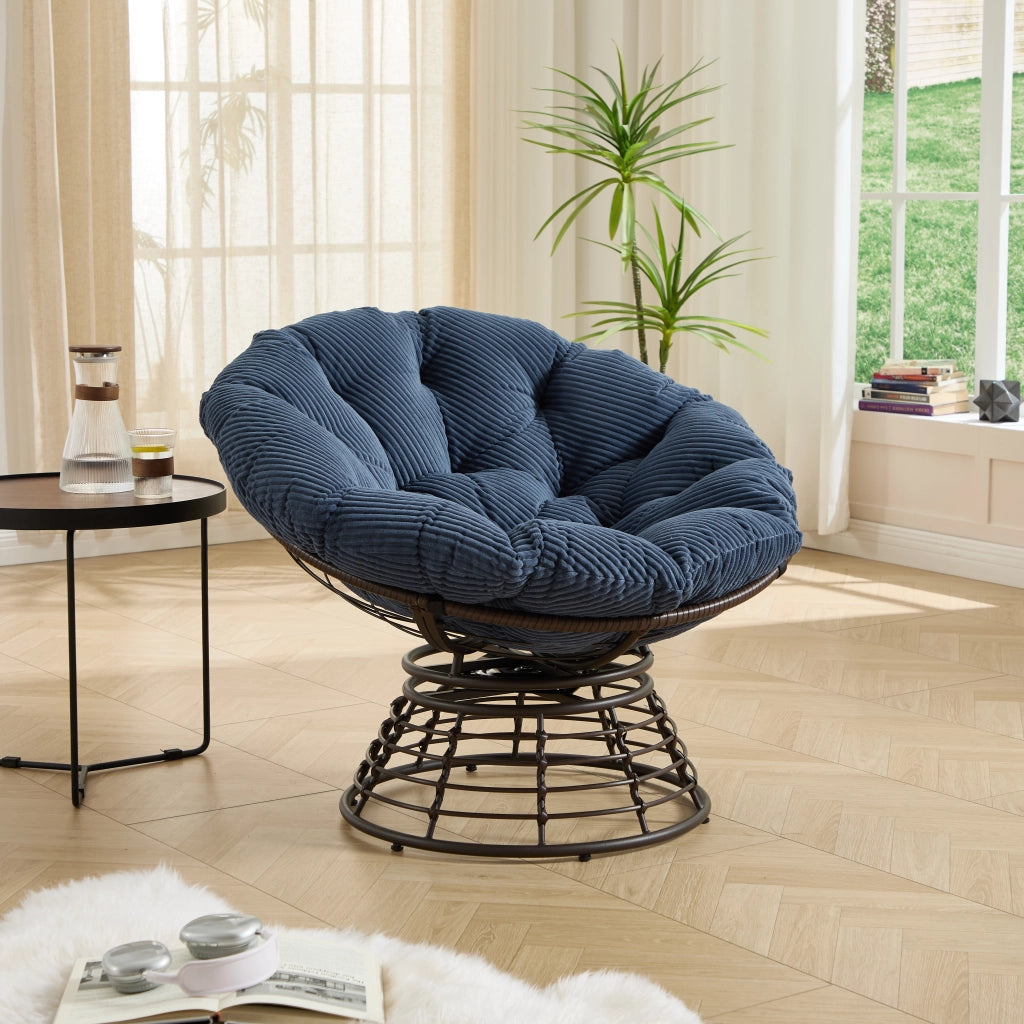 Poltrona Papasan Girevole 360 Gradi Design Ergonomico con Cuscino Imbottito Struttura in Acciaio Blu Navy 92 cm