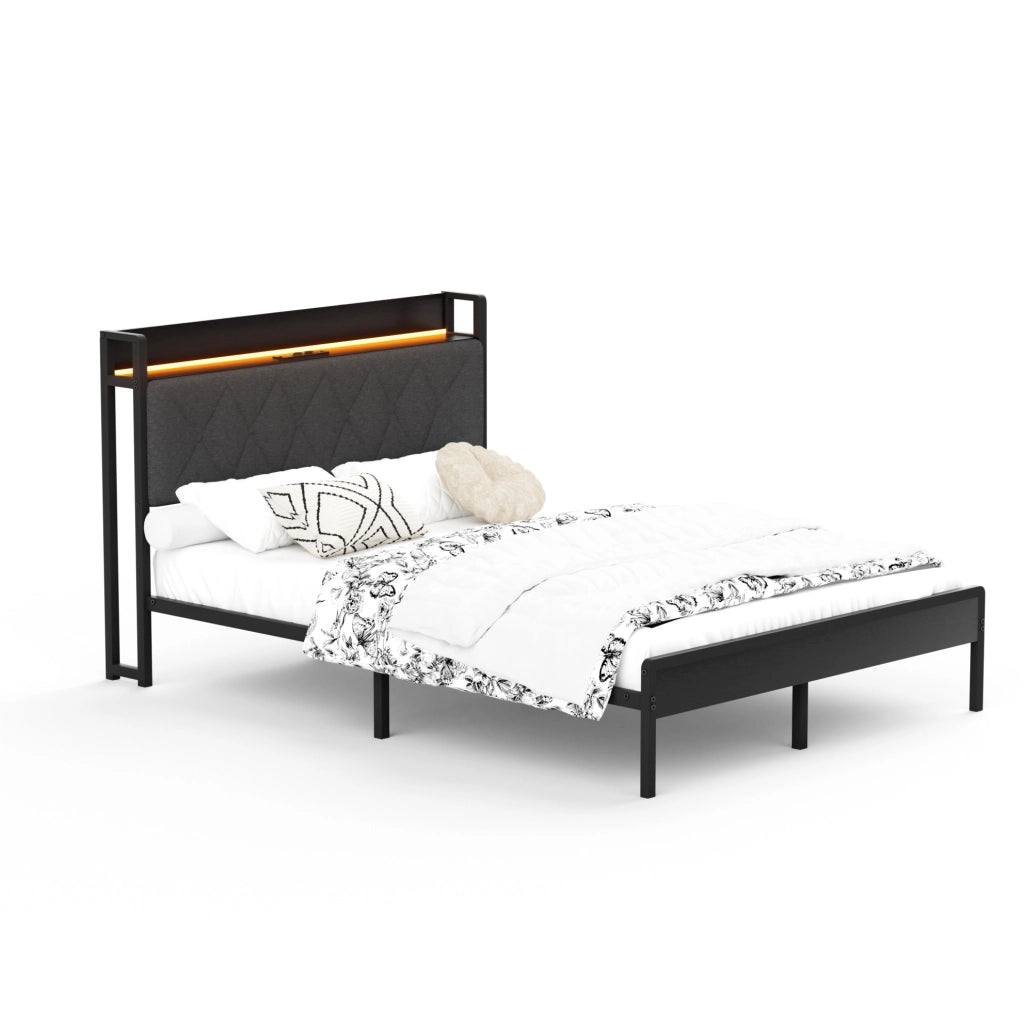 Letto imbottito 140x190 cm con LED, USB e contenitore, nero e grigio