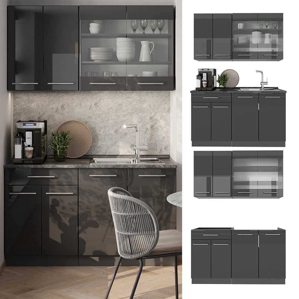 Cucina monoblocco Fame-Line Antracite lucido/Antracite 140 cm, PL Rovere Vicco